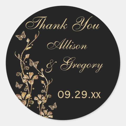 Zwart, goudflens met Butterflies-Sticker Ronde Sticker (Voorkant)