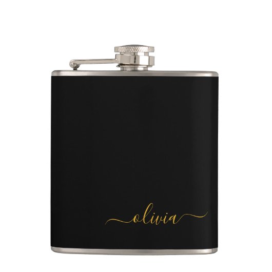 Zwart goudgierschrift Monogram Naam Modern Heupfles (Voorkant)