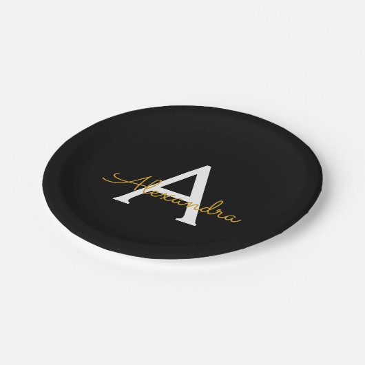 Zwart goudgierschrift Monogram Naam Modern Papieren Bordje (Gekanteld)