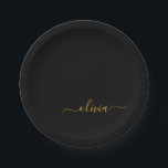 Zwart goudgierschrift Monogram Naam Modern Papieren Bordje<br><div class="desc">Goud en zwart Monogram Voeg uw eigen Borden van de Manuscript van de Partij van de Naam toe. Dit maakt de perfecte liefhebbende 16 verjaardag,  bruiloft,  vrijgezellenfeest,  verjaardagsdag,  baby shower of vrijgezellenfeest voor iemand die van luxe glam en stijl houdt.</div>