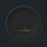 Zwart goudgierschrift Monogram Naam Modern Papieren Bordje<br><div class="desc">Goud en zwart Monogram Voeg uw eigen Borden van de Manuscript van de Partij van de Naam toe. Dit maakt de perfecte liefhebbende 16 verjaardag,  bruiloft,  vrijgezellenfeest,  verjaardagsdag,  baby shower of vrijgezellenfeest voor iemand die van luxe glam en stijl houdt.</div>