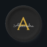 Zwart goudgierschrift Monogram Naam Modern Papieren Bordje<br><div class="desc">Goud en zwart Monogram Voeg uw eigen Borden van de Manuscript van de Partij van de Naam toe. Dit maakt de perfecte liefhebbende 16 verjaardag,  bruiloft,  vrijgezellenfeest,  verjaardagsdag,  baby shower of vrijgezellenfeest voor iemand die van luxe glam en stijl houdt.</div>