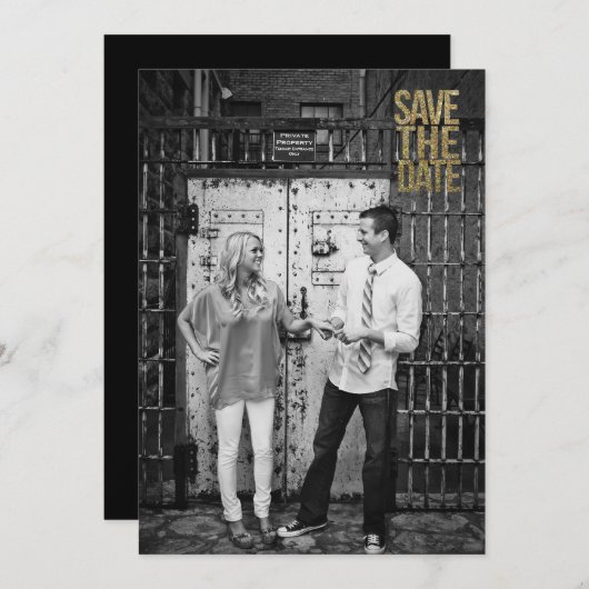 Zwart & goudglitter Bespaar de datum waarop Typogr Save The Date (Voorkant / Achterkant)