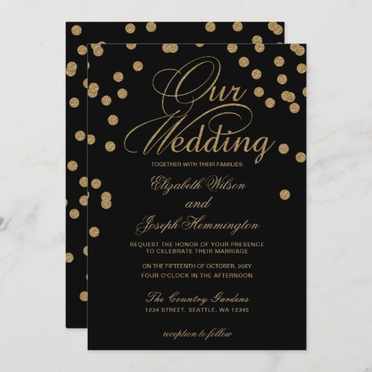 Zwart goudglitter Confetti Elegant Wedding Kaart (Voorkant / Achterkant)