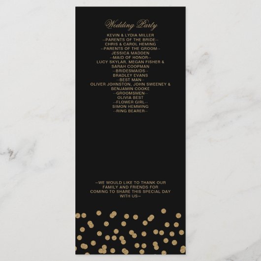 Zwart goudglitter Confetti Elegant Wedding Programmakaart (Achterkant)