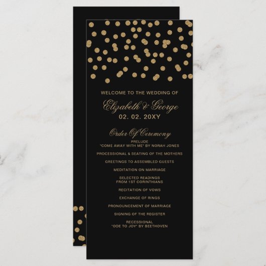 Zwart goudglitter Confetti Elegant Wedding Programmakaart (Voorkant / Achterkant)
