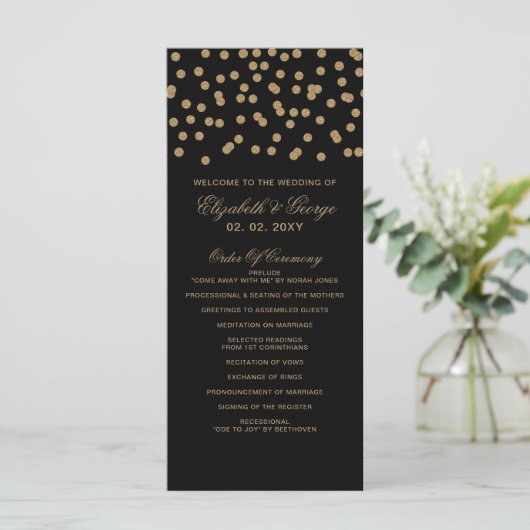 Zwart goudglitter Confetti Elegant Wedding Programmakaart (Staand voorkant)