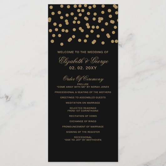 Zwart goudglitter Confetti Elegant Wedding Programmakaart (Voorkant)
