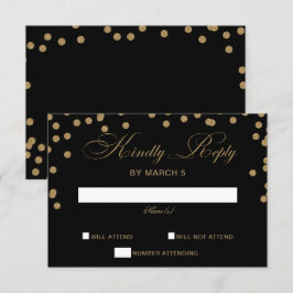 Zwart goudglitter Confetti Elegant Wedding RSVP Kaartje