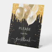 Zwart goudglitter druppelt het gastenboek aan reclamebord met voetstuk (Voorkant)
