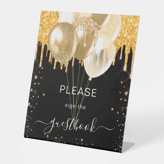 Zwart goudglitter druppelt het gastenboek aan reclamebord met voetstuk (Voorkant)