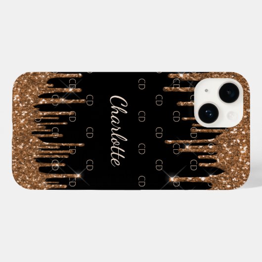 Zwart goudglitter druppelt monogram elegant monogr Case-Mate iPhone case (Achterkant (horizontaal))