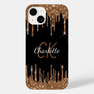 Zwart goudglitter druppelt monogram elegant monogr Case-Mate iPhone 14 hoesje