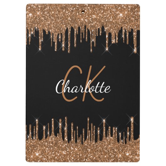 Zwart goudglitter druppelt monogram elegant monogr klembord (Achterkant)