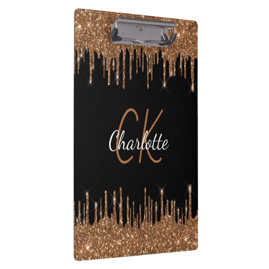 Zwart goudglitter druppelt monogram elegant monogr klembord (Rechts)