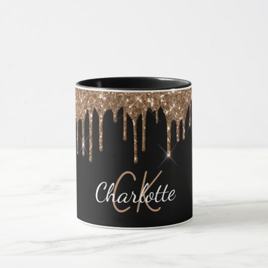 Zwart goudglitter druppelt monogram elegant monogr mok (Midden)