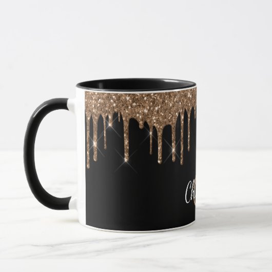Zwart goudglitter druppelt monogram elegant monogr mok (Links)