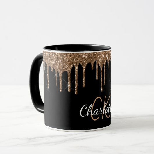 Zwart goudglitter druppelt monogram elegant monogr mok (Voorkant links)