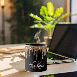 Zwart goudglitter druppelt monogram elegant monogr mok