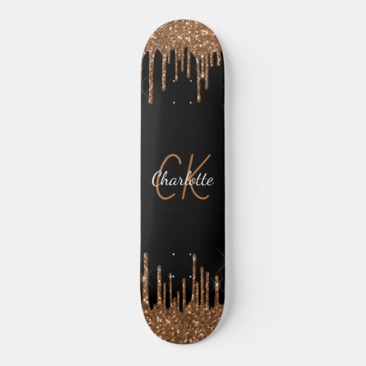 Zwart goudglitter druppelt monogram elegant monogr persoonlijk skateboard (Voorkant)