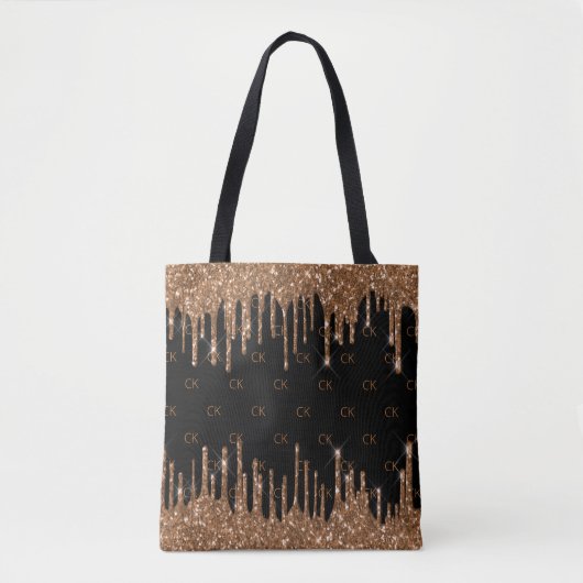 Zwart goudglitter druppelt monogram elegant tote bag (Voorkant)