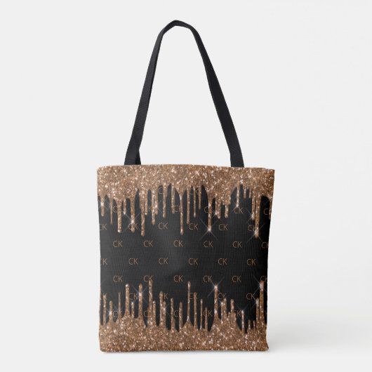 Zwart goudglitter druppelt monogram elegant tote bag (Achterkant)