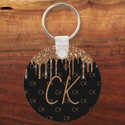 Zwart goudglitter druppelt monogram initialen sleutelhanger (Voorkant)