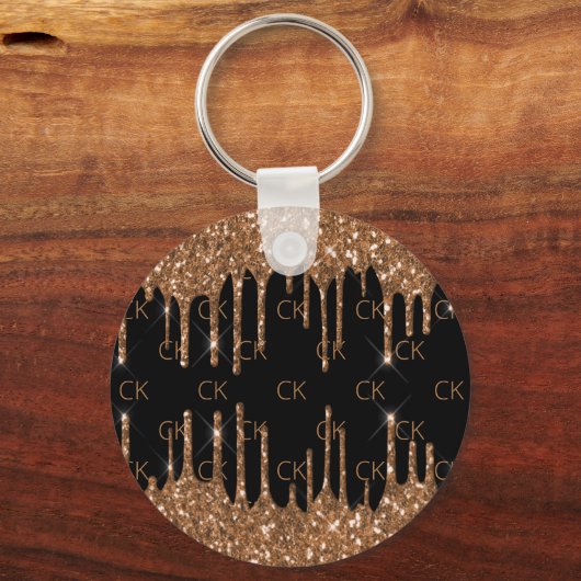 Zwart goudglitter druppelt monogram initialen sleutelhanger (Voorkant)