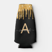 Zwart goudglitter druppelt monogram naam glazuur flesjeskoeler (Voorkant)