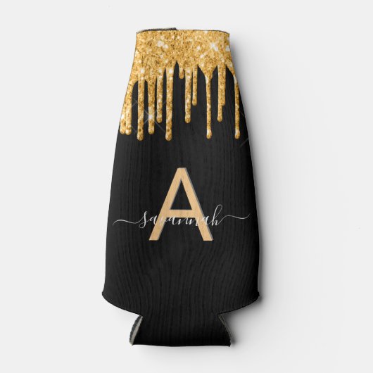 Zwart goudglitter druppelt monogram naam glazuur flesjeskoeler (Voorkant)