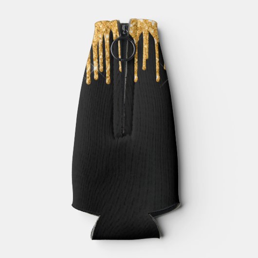 Zwart goudglitter druppelt monogram naam glazuur flesjeskoeler (Achterkant)