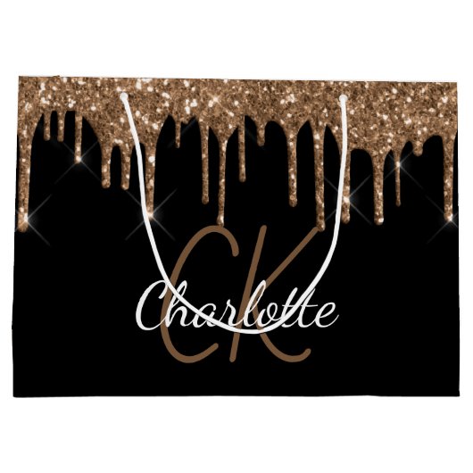 Zwart goudglitter druppelt monogram naamscript groot cadeauzakje (Achterkant)