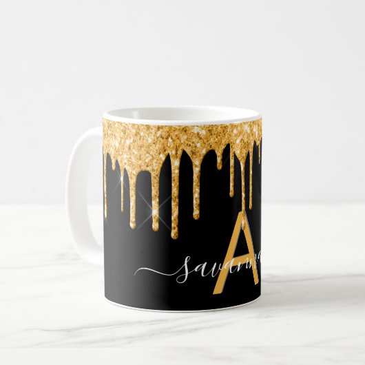 Zwart goudglitter druppelt monogram naamscript koffiemok (Voorkant links)
