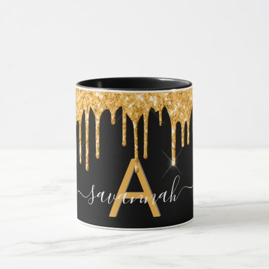 Zwart goudglitter druppelt monogram naamscript mok (Midden)