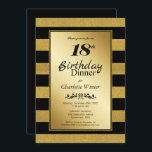 Zwart & goudglitter Striped 18th Birthday Dinner Kaart<br><div class="desc">Een moderne zwarte en goudglitter sneed de 18e verjaardag op uitnodiging van een feestje.</div>