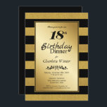 Zwart & goudglitter Striped 18th Birthday Dinner Kaart<br><div class="desc">Een moderne zwarte en goudglitter sneed de 18e verjaardag op uitnodiging van een feestje.</div>