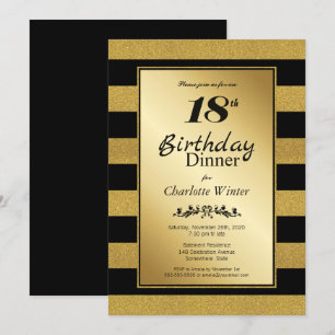 Zwart & goudglitter Striped 18th Birthday Dinner Kaart
