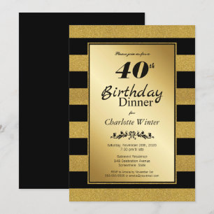Zwart & goudglitter Striped 40th Birthday Dinner Kaart