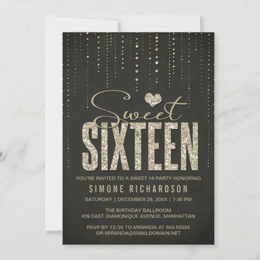 Zwart & goudglitter-uiterlijk 16 (zestien) partije kaart (Voorkant)