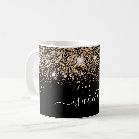 Zwart goudglitternaam glazen script koffiemok (Voorkant links)