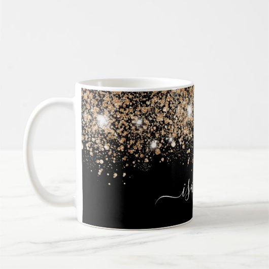 Zwart goudglitternaam glazen script koffiemok (Links)