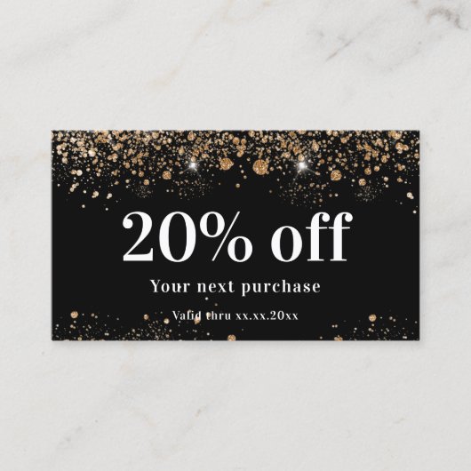 Zwart goudglitterstof qr code business kortingskaartje (Voorkant)