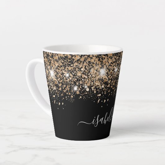 Zwart goudglitterstofnaamglanzemelscript latte mok (Linkerhoek)
