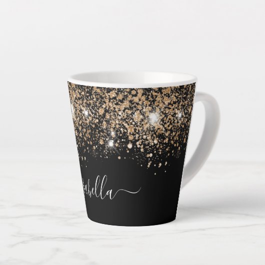 Zwart goudglitterstofnaamglanzemelscript latte mok (Rechterhoek)