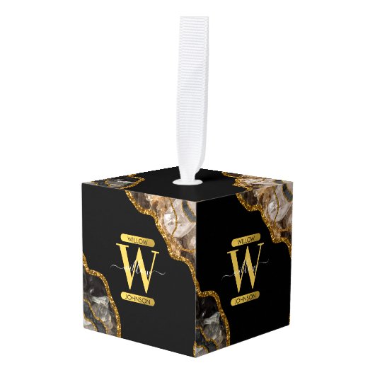 Zwart-goudgrijs Geode Glitter Monogram Marmer Decoratie (Voorkant hoekig)