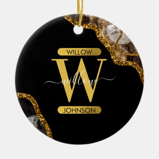 Zwart-goudgrijs Geode Glitter Monogram Marmer Keramisch Ornament (Voorkant)