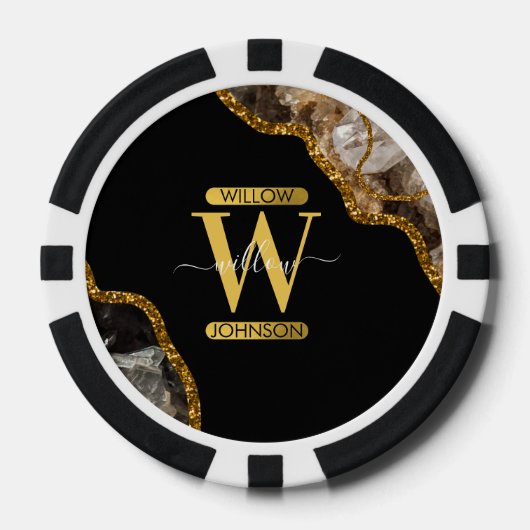 Zwart-goudgrijs Geode Glitter Monogram Marmer Poker Chips (Voorkant)