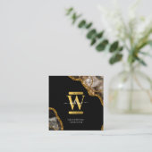 Zwart-goudgrijs Geode Glitter Monogram Marmer Vierkante Visitekaartje (Staand voorkant)