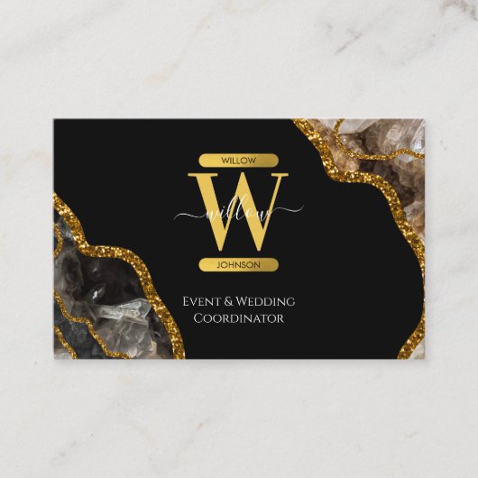 Zwart-goudgrijs Geode Glitter Monogram Marmer Visitekaartje (Voorkant)
