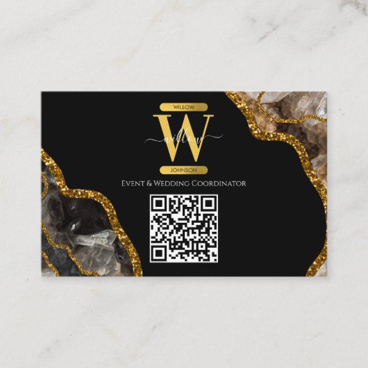 Zwart-goudgrijs Glitter-monogram QR-code Visitekaartje (Voorkant)